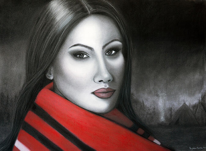 Scarlet Whispers, 2025. Charcoal and Pastel on paper, 22"x30"